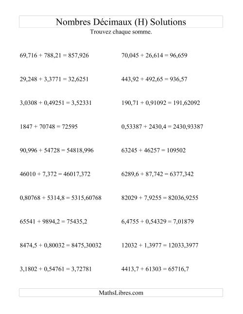 Addition horizontale de nombres décimaux (5 décimales) (H) page 2