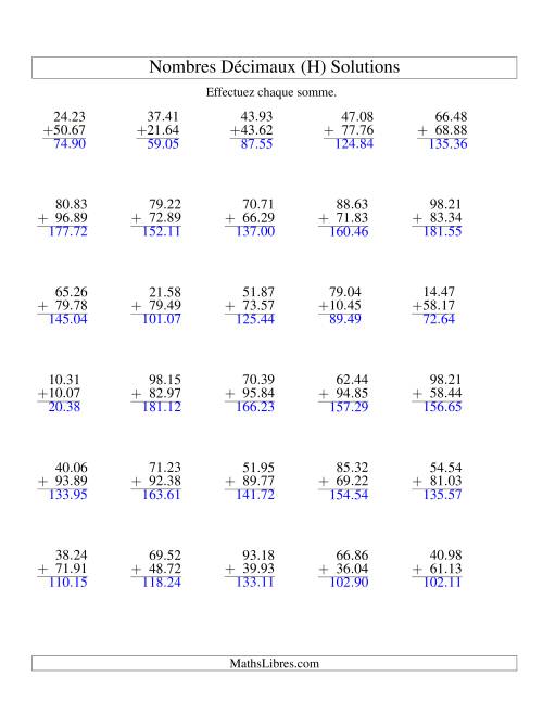 Addition de nombres décimaux (10,01 à 10,99) (H) page 2