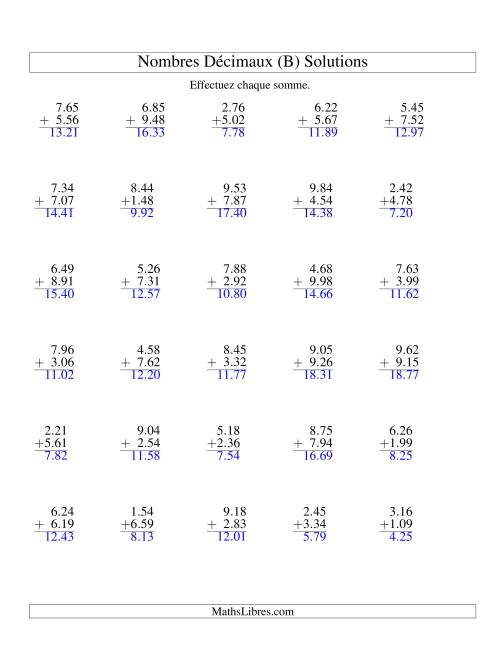 Addition de nombres décimaux (1,01 à 1,99) (B) page 2