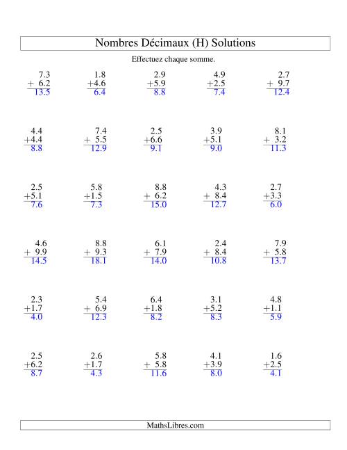 Addition de nombres décimaux (1,1 à 1,9) (H) page 2