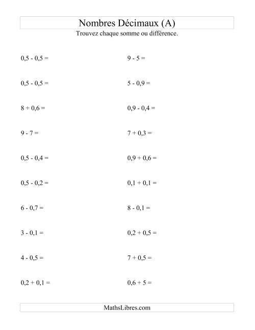 Addition et soustraction horizontale de nombres décimaux (1 décimale) (A)