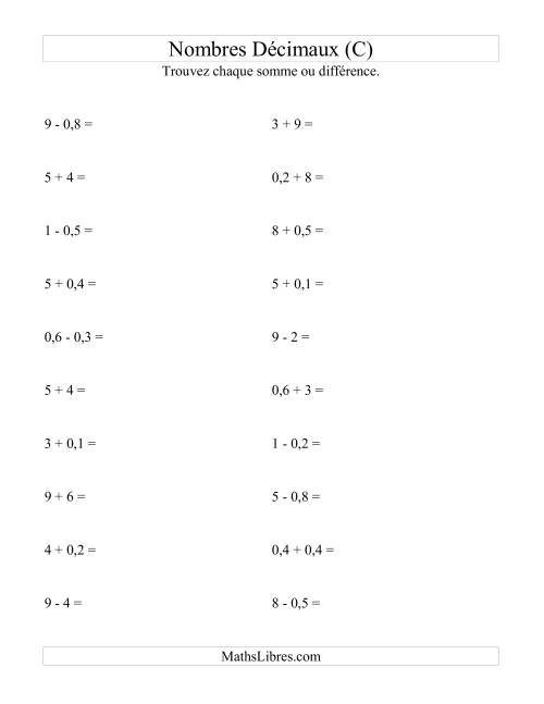 Addition et soustraction horizontale de nombres décimaux (1 décimale) (C)
