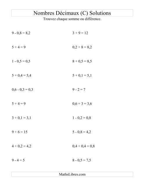 Addition et soustraction horizontale de nombres décimaux (1 décimale) (C) page 2