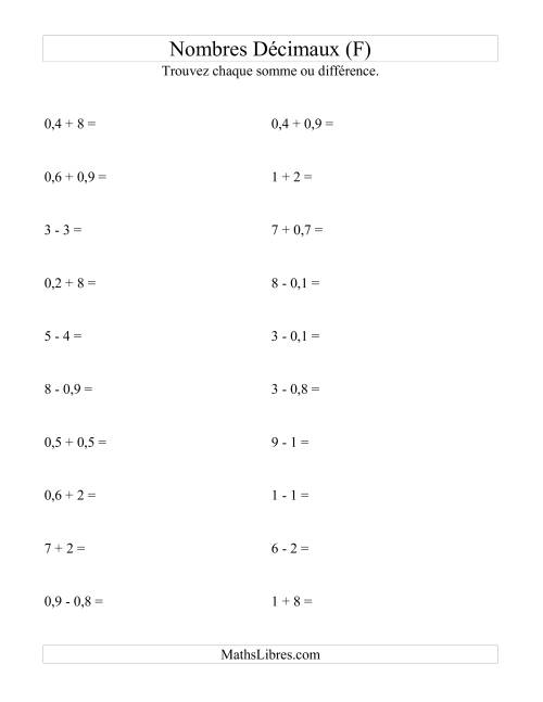 Addition et soustraction horizontale de nombres décimaux (1 décimale) (F)