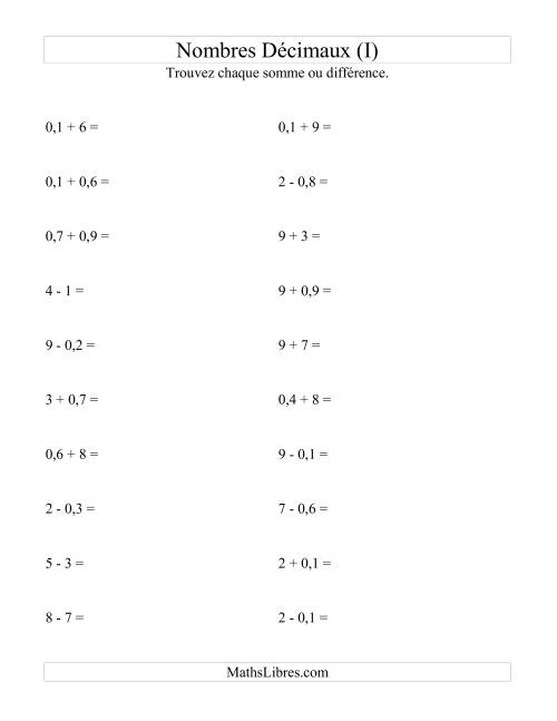Addition et soustraction horizontale de nombres décimaux (1 décimale) (I)