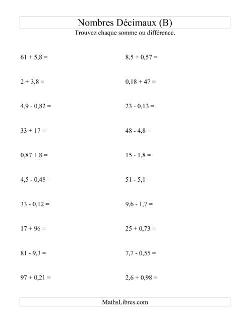 Addition et soustraction horizontale de nombres décimaux (2 décimales) (B)
