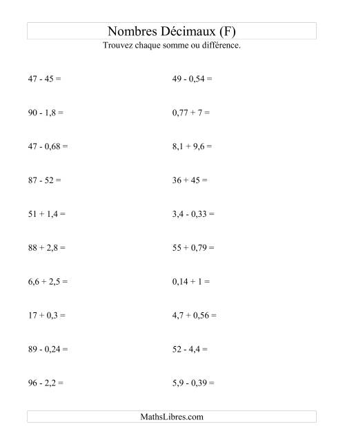 Addition et soustraction horizontale de nombres décimaux (2 décimales) (F)