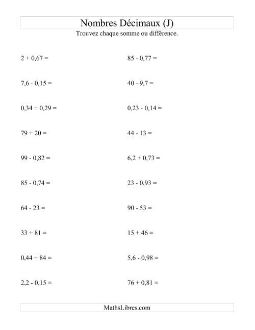 Addition et soustraction horizontale de nombres décimaux (2 décimales) (J)