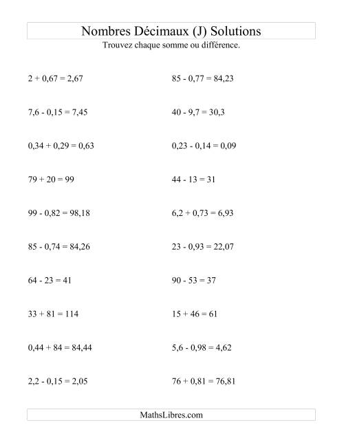 Addition et soustraction horizontale de nombres décimaux (2 décimales) (J) page 2