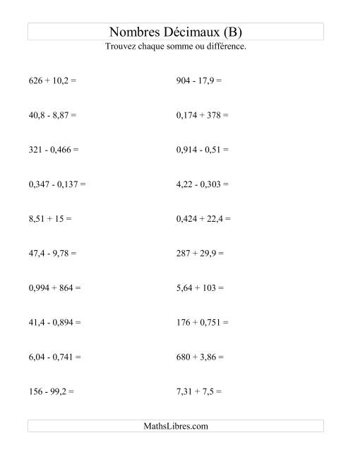 Addition et soustraction horizontale de nombres décimaux (3 décimales) (B)