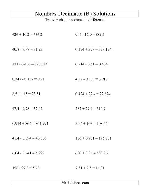 Addition et soustraction horizontale de nombres décimaux (3 décimales) (B) page 2