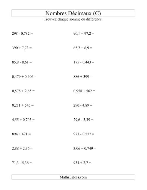 Addition et soustraction horizontale de nombres décimaux (3 décimales) (C)