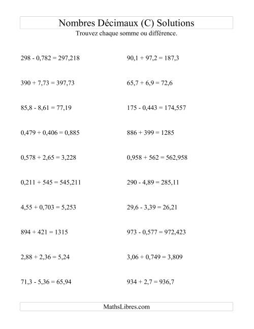 Addition et soustraction horizontale de nombres décimaux (3 décimales) (C) page 2