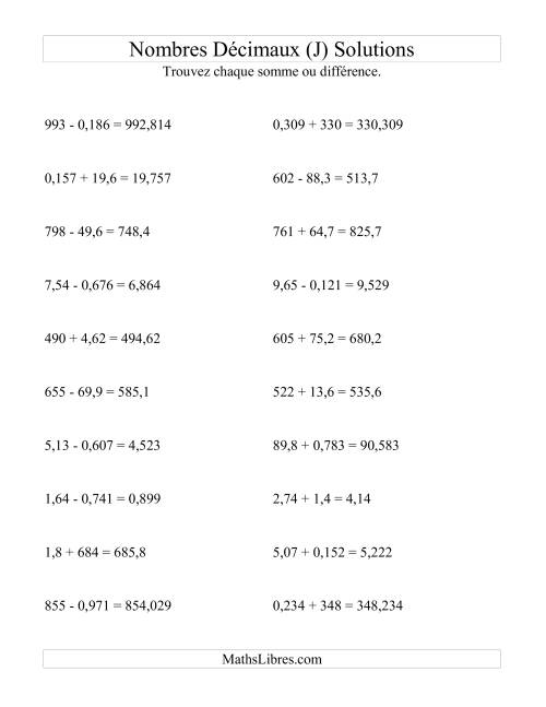 Addition et soustraction horizontale de nombres décimaux (3 décimales) (J) page 2
