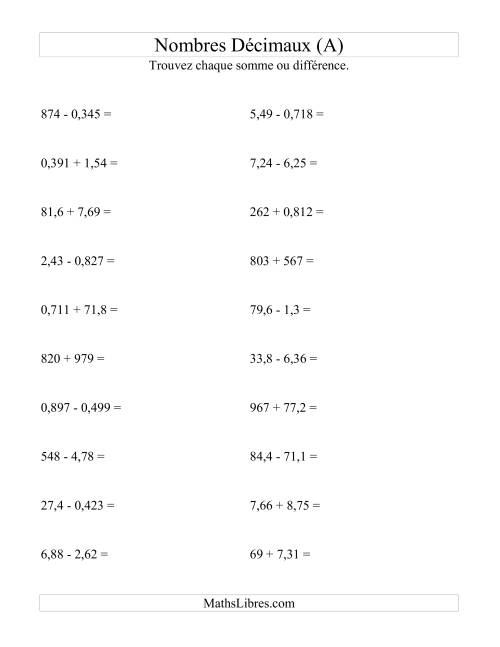 Addition et soustraction horizontale de nombres décimaux (3 décimales) (Tout)