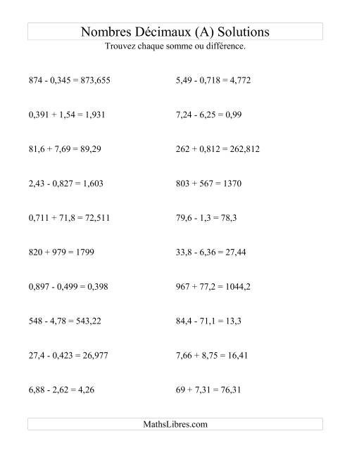 Addition et soustraction horizontale de nombres décimaux (3 décimales) (Tout) page 2
