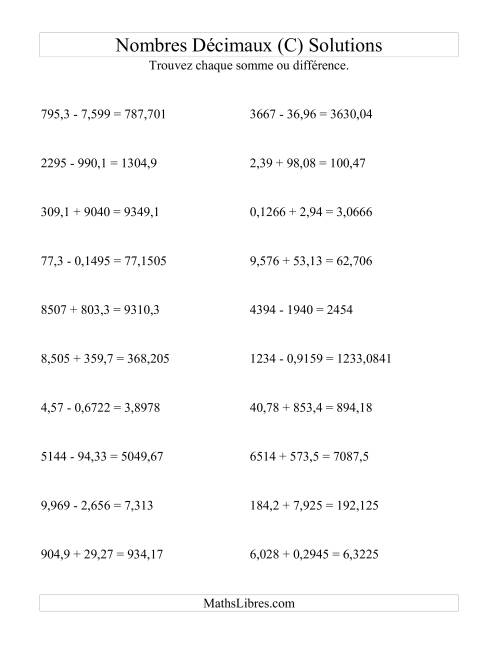 Addition et soustraction horizontale de nombres décimaux (4 décimales) (C) page 2