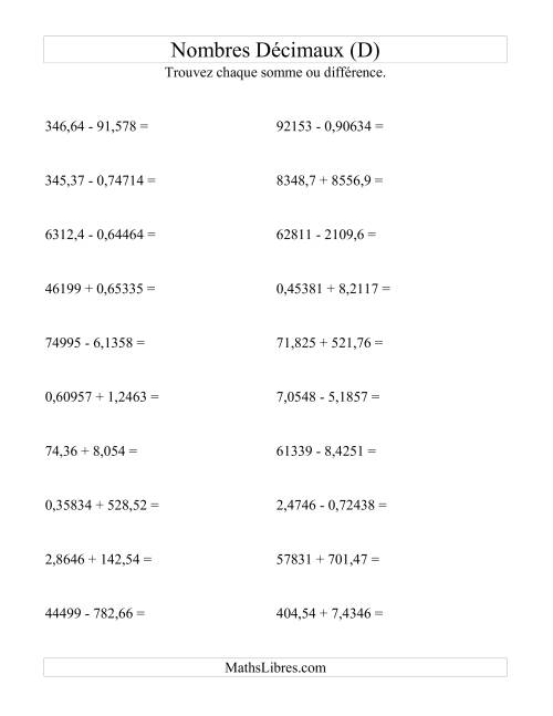 Addition et soustraction horizontale de nombres décimaux (5 décimales) (D)