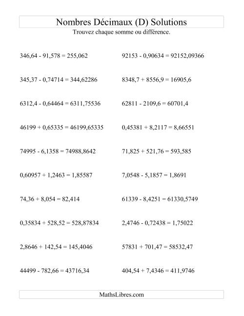 Addition et soustraction horizontale de nombres décimaux (5 décimales) (D) page 2