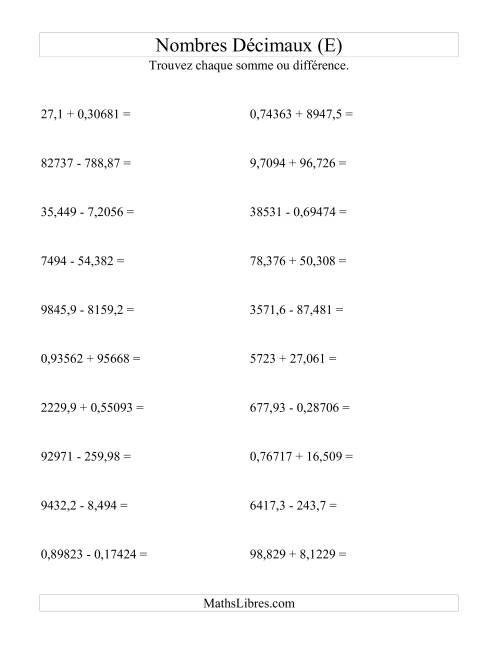 Addition et soustraction horizontale de nombres décimaux (5 décimales) (E)