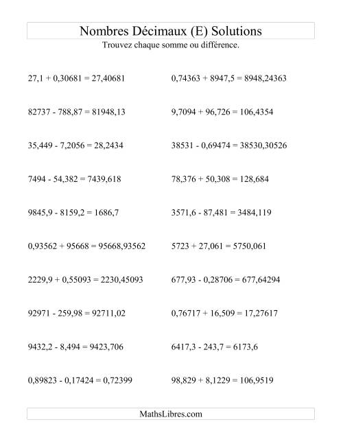 Addition et soustraction horizontale de nombres décimaux (5 décimales) (E) page 2