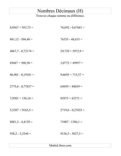 Addition et soustraction horizontale de nombres décimaux (5 décimales) (H)
