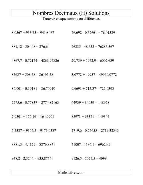 Addition et soustraction horizontale de nombres décimaux (5 décimales) (H) page 2