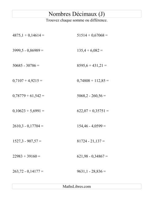 Addition et soustraction horizontale de nombres décimaux (5 décimales) (J)
