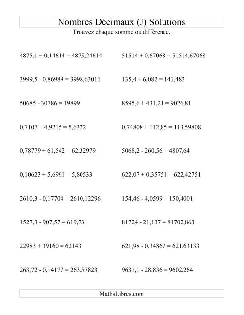 Addition et soustraction horizontale de nombres décimaux (5 décimales) (J) page 2