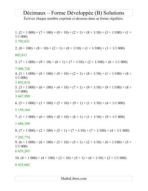 Écriture de nombres décimaux de la forme développée à la forme régulière (4 avant la virgule; 3 après) (B) page 2