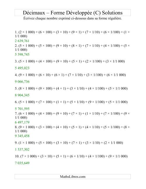 Écriture de nombres décimaux de la forme développée à la forme régulière (4 avant la virgule; 3 après) (C) page 2