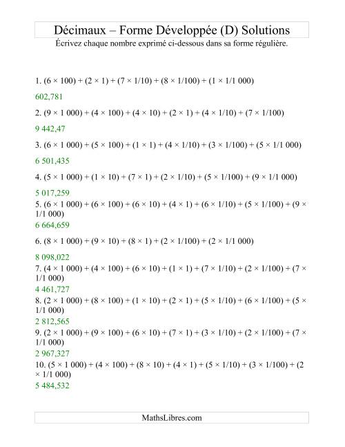 Écriture de nombres décimaux de la forme développée à la forme régulière (4 avant la virgule; 3 après) (D) page 2