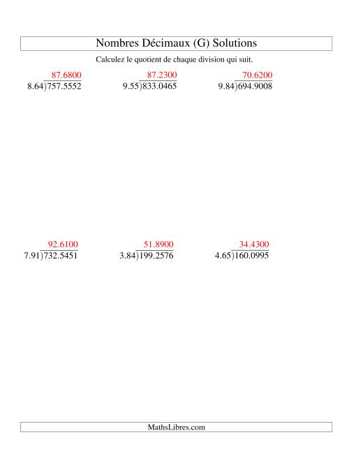 Division de nombres décimaux (10,01 à 10,99) -- Facile (G) page 2