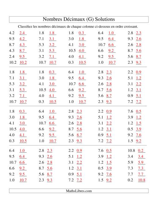 Classification en ordre de nombres décimaux -- Dixièmes (G) page 2