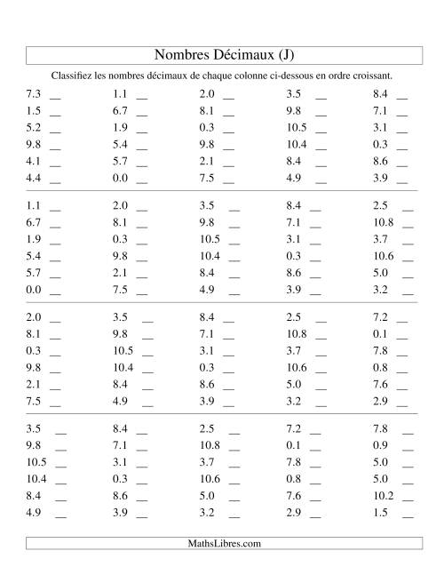 Classification en ordre de nombres décimaux -- Dixièmes (J)