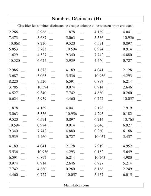 Classification en ordre de nombres décimaux -- Millièmes (H)