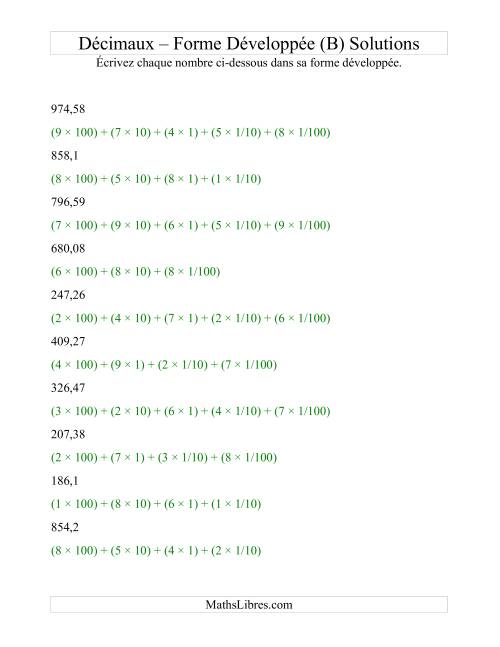 Écriture de nombres décimaux en forme développée (3 avant la virgule; 2 après) (B) page 2