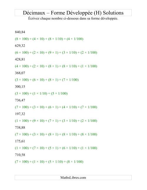 Écriture de nombres décimaux en forme développée (3 avant la virgule; 2 après) (H) page 2