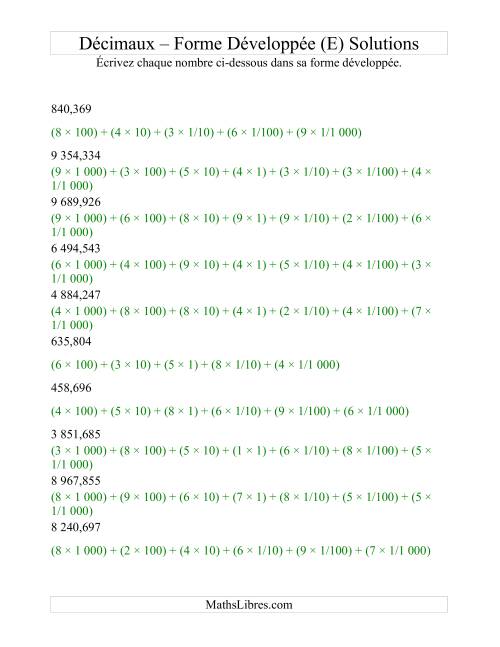 Écriture de nombres décimaux en forme développée (4 avant la virgule; 3 après) (E) page 2