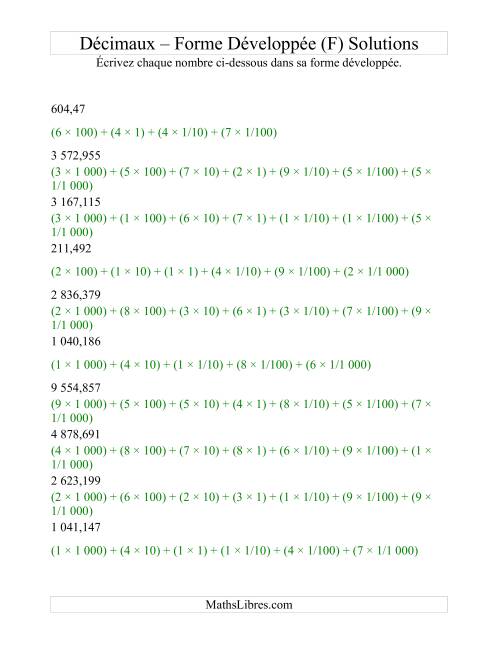Écriture de nombres décimaux en forme développée (4 avant la virgule; 3 après) (F) page 2