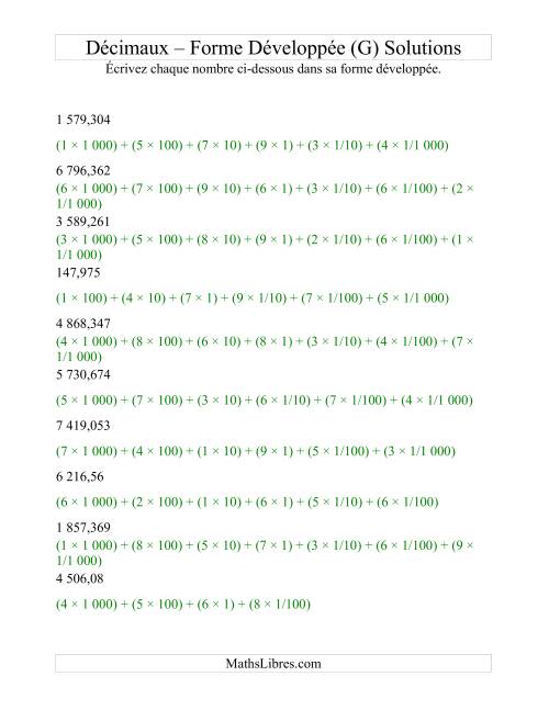 Écriture de nombres décimaux en forme développée (4 avant la virgule; 3 après) (G) page 2