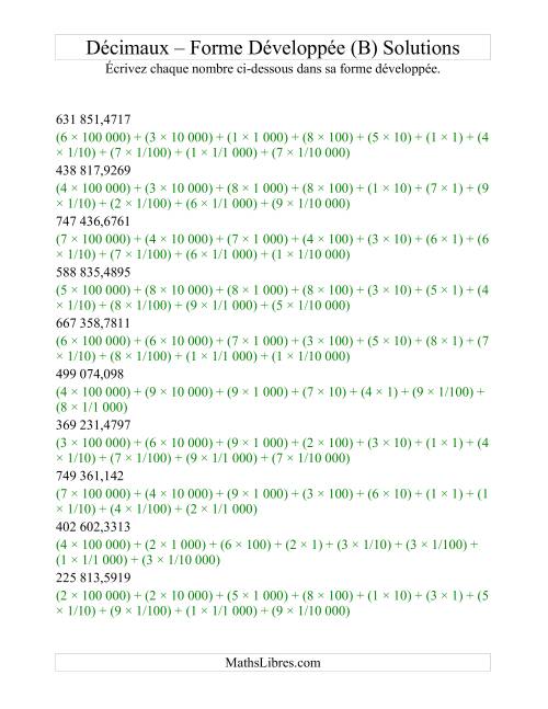 Écriture de nombres décimaux en forme développée (6 avant la virgule; 4 après) (B) page 2
