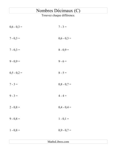 Soustraction horizontale de nombres décimaux (1 décimale) (C)