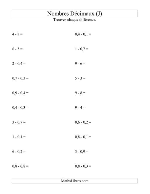Soustraction horizontale de nombres décimaux (1 décimale) (J)