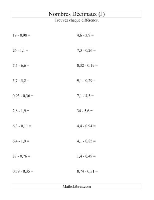 Soustraction horizontale de nombres décimaux (2 décimales) (J)