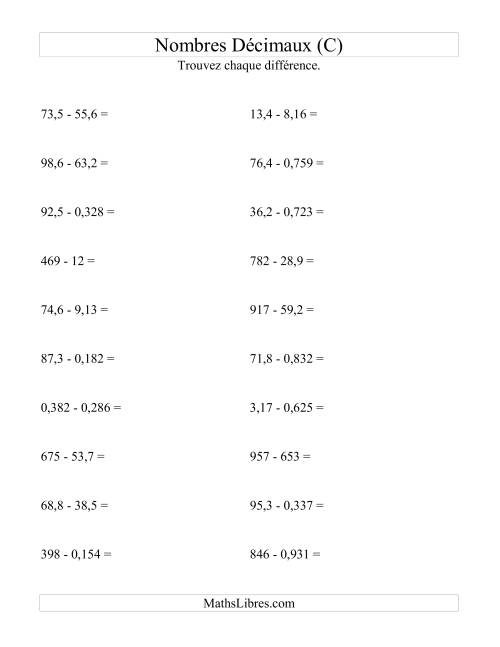 Soustraction horizontale de nombres décimaux (3 décimales) (C)