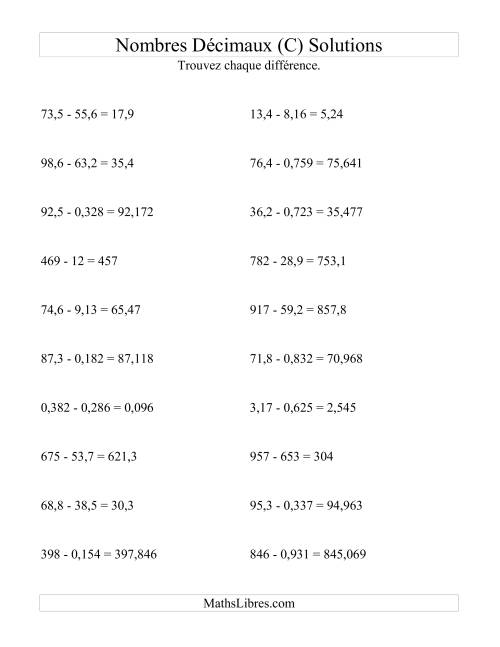 Soustraction horizontale de nombres décimaux (3 décimales) (C) page 2