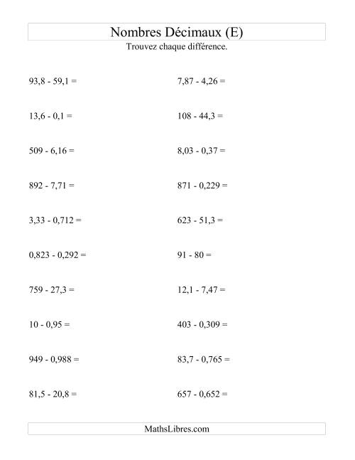Soustraction horizontale de nombres décimaux (3 décimales) (E)