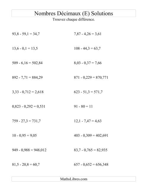 Soustraction horizontale de nombres décimaux (3 décimales) (E) page 2