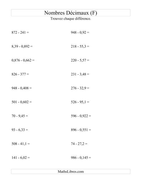 Soustraction horizontale de nombres décimaux (3 décimales) (F)